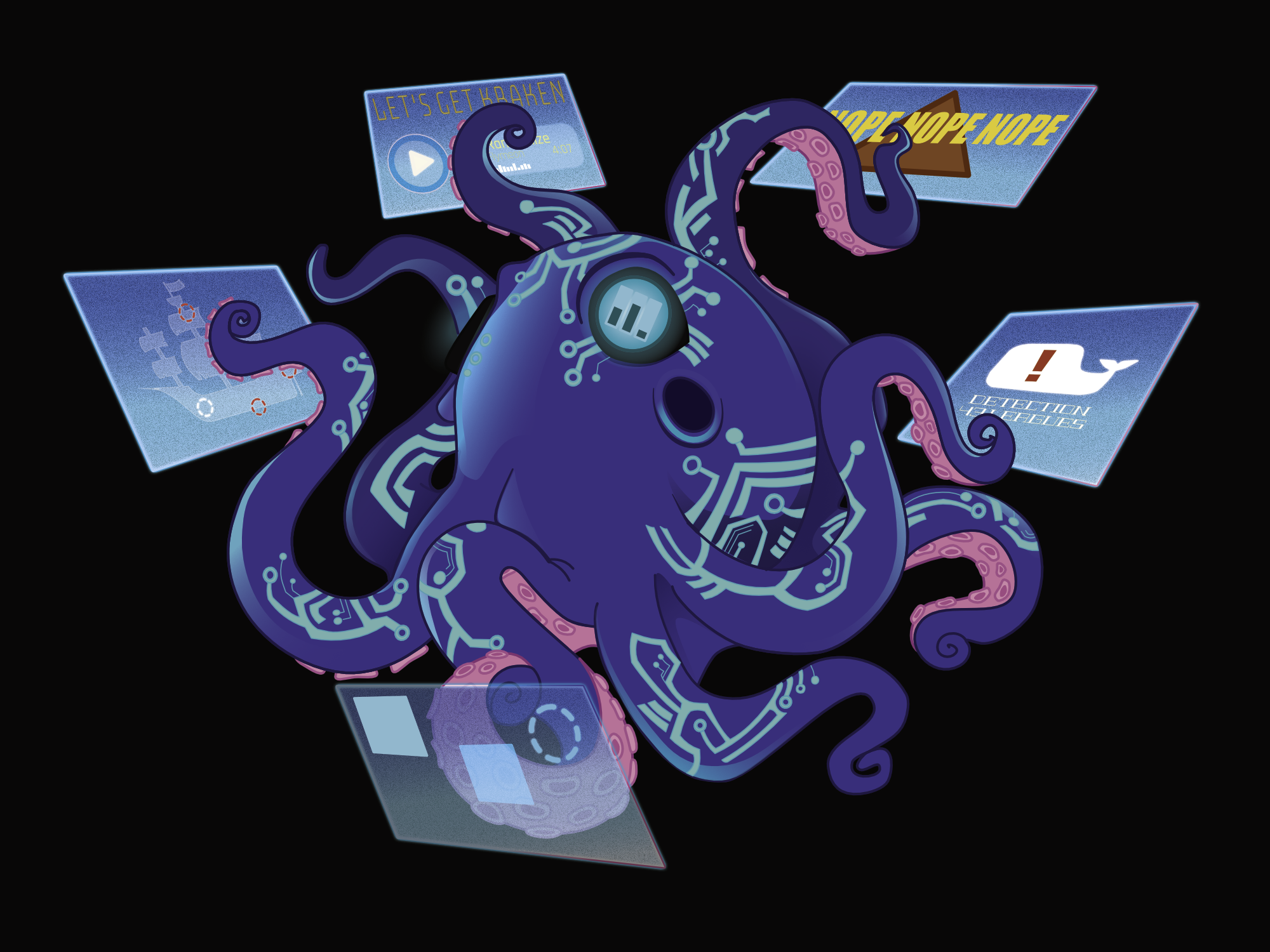 A blue-purple octopus with neon blue circuit traces along its body. It is manipulating 5 different floating touchscreens with various alerts, notifications, and data. It has a cybernetic eye as well, displaying data as well.